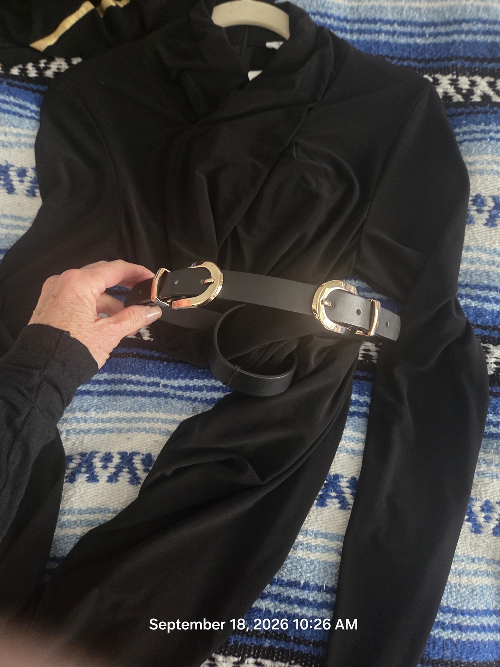 Joseph Ribkoff Black Long-Sleeve Dress with Gold Buckle Belt (Gold Hardware)
